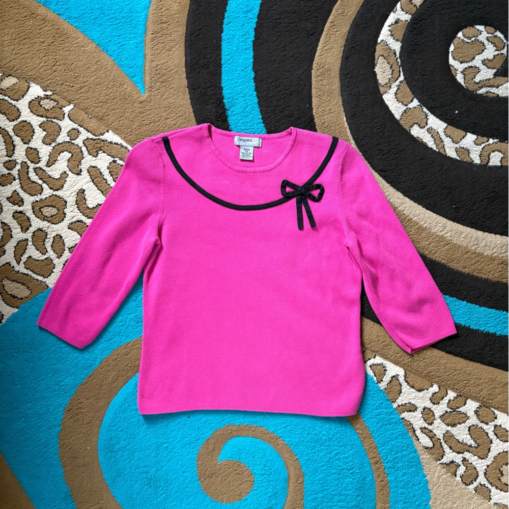 Designers Originals Pink Knit 3/4 Sleeve Top With Black Bow